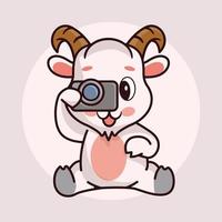 Cute baby goat cartoon holding a camera vector