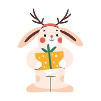 Cute rabbit with deer antlers and holding a gift box vector