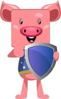 Pig with shield, illustration, vector on white background.