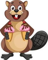 Beaver with cupcakes, illustration, vector on white background.