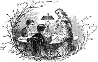 Children at Table, vintage illustration. vector