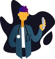 Minimalistic vector occupation illustration of a doctor in blue suit in front of deep blue graphic shape on a white background