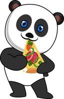 Panda eating pizza, illustration, vector on white background.