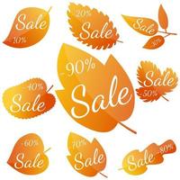 Set of autumn yellow-red leaves with inscription Sale. Discounts from 10 to 90 percent. Vector illustration.