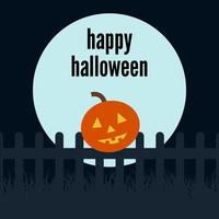 Pumpkin on the fence in the background of the moon and the inscription of Happy Halloween. Vector illustration