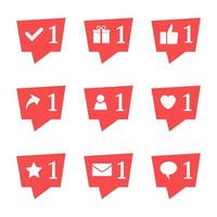 Set of nine notifications in social media. Heart, star, follower, message, check, gift, comment, like, repost. Vector illustration.