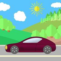 coche deportivo rojo oscuro en una carretera en un día soleado. ilustración de viajes de verano. coche sobre el paisaje. vector