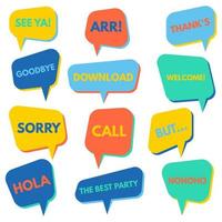 Set of speech bubbles on a white background with different inscriptions in the middle. Speech bubbles with short phrases. Vector illustration.