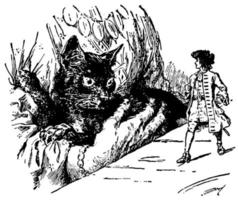 Gulliver and Giant Cat, vintage illustration vector