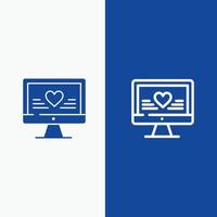 Computer Love Heart Wedding Line and Glyph Solid icon Blue banner Line and Glyph Solid icon Blue ban vector