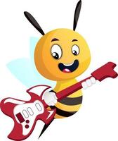 Bee playing a guitar, illustration, vector on white background.