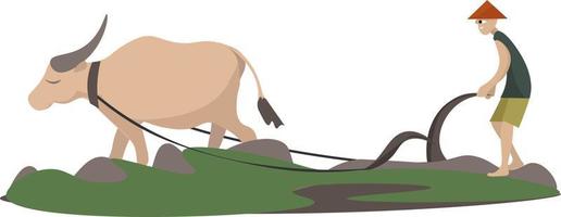 Plowman with animal, illustration, vector on white background.