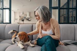 Cheerful senior woman in casual clothing spending time with her dog while sitting on the sofa at home photo