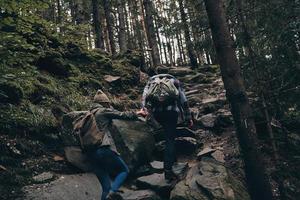 Helping each other. Rear view of young couple holding hands while hiking together in the woods photo