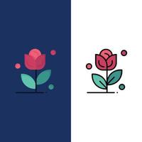 flor rosa amor iconos plano y línea llena conjunto de iconos vector fondo azul