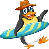 Cute penguin cartoon character holding surfboard vector