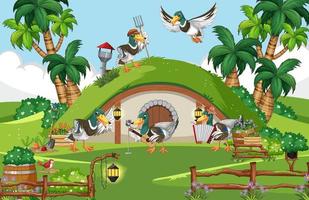 casa hobbit con familia de patos vector