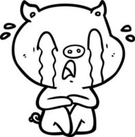 Cartoon line art crying pig vector