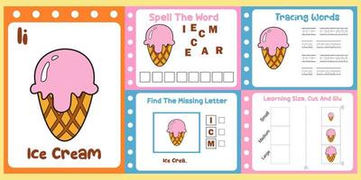 worksheets pack for kids with ice cream vector. children's study book vector