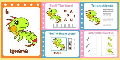 worksheets pack for kids with iguana vector. children's study book vector