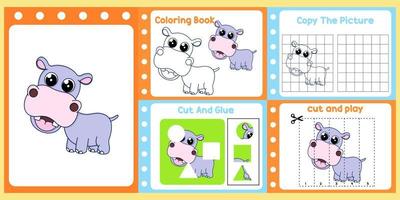 worksheets pack for kids with hippo vector. children's study book vector