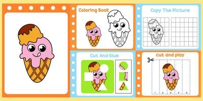 paquete de hojas de trabajo para niños con vector de helado. libro de estudio para niños