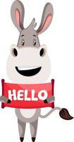 Donkey with hello sign, illustration, vector on white background.