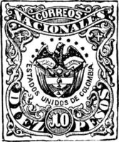 Colombian Republic Diez Pesos Stamp, 1870-1876, vintage illustration vector