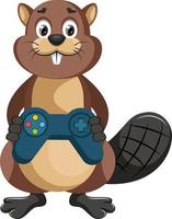 Beaver with gamepad, illustration, vector on white background.