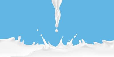 Ilustración realista de vector 3d, salpicadura de leche y vertido, productos lácteos naturales, yogur o gotas de salpicadura de crema, sobre fondo azul. impresión, plantilla, elemento publicitario de diseño. marco del paquete de leche.