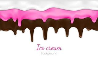 Realistic drip ice cream or frozen yogurt on white background. Syrup sweet liquid splashes, glossy cream border, molten texture 3d vector illustration Melted chocolate and pink, white sweet sauce drop