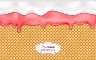 Realistic drip ice cream or frozen yogurt on waffle background. Syrup sweet liquid, glossy cream border, molten texture 3d vector illustration Melted strawberry icing or sweet sauce drop on wafer