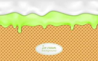 Realistic drip ice cream or frozen yogurt on waffle background. Syrup sweet liquid, glossy cream border, molten texture 3d vector illustration Melted white and green icing or sweet sauce drop on wafer