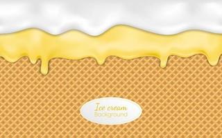 Realistic drip ice cream or frozen yogurt on waffle background. Syrup sweet liquid, glossy cream border, molten texture 3d vector illustration Melted vanilla icing or sweet sauce drop on wafer