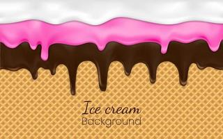 Realistic drip ice cream or frozen yogurt on waffle background. Syrup sweet liquid, glossy cream border, molten texture 3d vector illustration Melted white and cocoa icing or sweet sauce drop on wafer