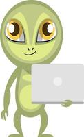 Alien with white laptop, illustration, vector on white background.