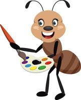 Ant holding color palette, illustrator, vector on white background.