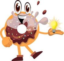 Donut with lighting bulb, illustration, vector on white background.