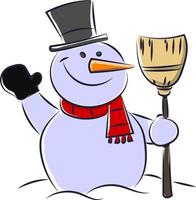 Snowman with broom, illustration, vector on white background.