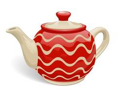 Realistic ceramic teapot. Red with beige stripes patterns. Isolated on white background. Vector illustration