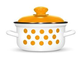 White saucepan with a pattern of yellow peas. cooking. With a yellow lid, a metal rim and a soft shadow. 3d realistic isolated white background. Isolated, vector illustration.