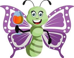 Butterfly with wine, illustration, vector on white background.