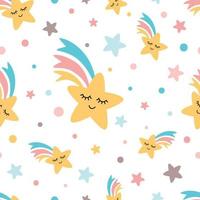 Rainbow star shooting seamless pattern Emoji emotions Rainbow Fun cute kids elements for textile or fabric design White background Yellow pink blue colors Repeat pattern Vector illustration.