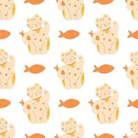 Maneki Neko pattern. Happy lucky cat seamless pattern. Symbol of lucky background. Repeated texture. Fish and maneki neko vector illustration. Traditional Asian maneki neko fortune print, fabric.