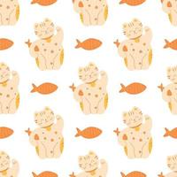 Maneki Neko pattern. Happy lucky cat seamless pattern. Symbol of lucky background. Repeated texture. Fish and maneki neko vector illustration. Traditional Asian maneki neko fortune print, fabric.