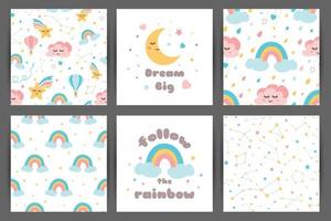 Cute kids backgroungs set in cartoon style Hand drawn patterns with dream moon smiling cloud rainbow stars Happy Birthday children design. Textile fabric cloth template Hand drawn vector illustration.