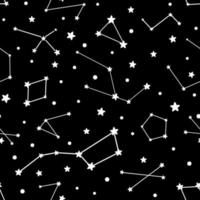 vector dibujado a mano cielo nocturno garabato de patrones sin fisuras con constelaciones de estrellas espaciales. infantil cielo estrellado fondo cosmos infinito papel pintado azul amarillo negro colores textil diseño vector ilustración