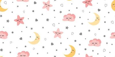 lindo cielo niños patrón sin costuras bebé diseño textil con sonriente luna dormida corazones estrellas, nubes en colores rosa amarillo. impresión gráfica de ensueño para tela, ilustración de bebé de papel tapiz. plantilla vectorial vector