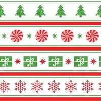 Merry Christmas seamless pattern with tree, snowflakes, Santas presents and shevron on white. New Year background for wallpaper, fabric, textile, packaging. Winter cute banner,. Vector illustration