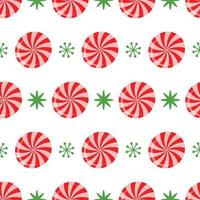 Simple classic seamless Christmas pattern. Traditional green, red color gift paper. Bright New Year background decorated snowflakes, sweet candies Vector winter design for wallpaper, fabric, textile